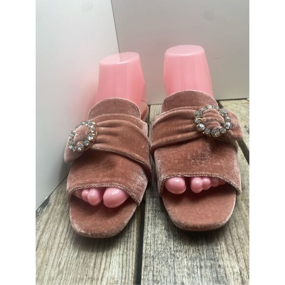 A New Day Velvet Slide Sandals Pink Rhinestone Buckle Square Toe Heels Size 6.5 - Picture 3 of 10